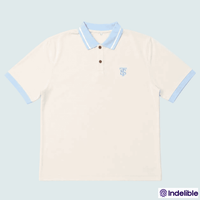 Beige polo shirt with blue trim on a light blue background