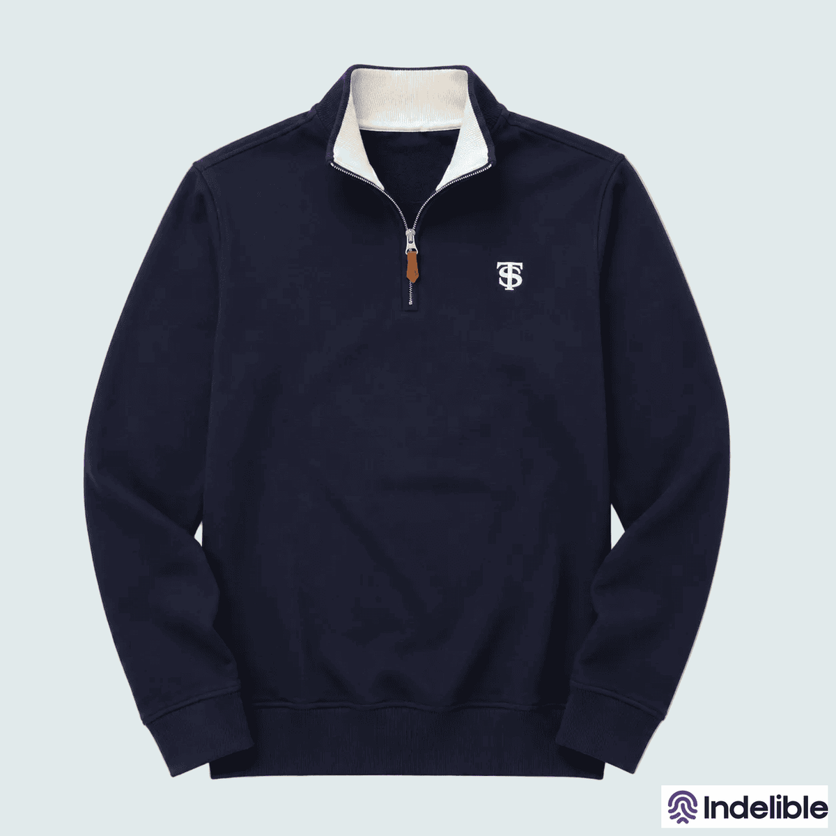 Navy blue pullover with a logo on a white background